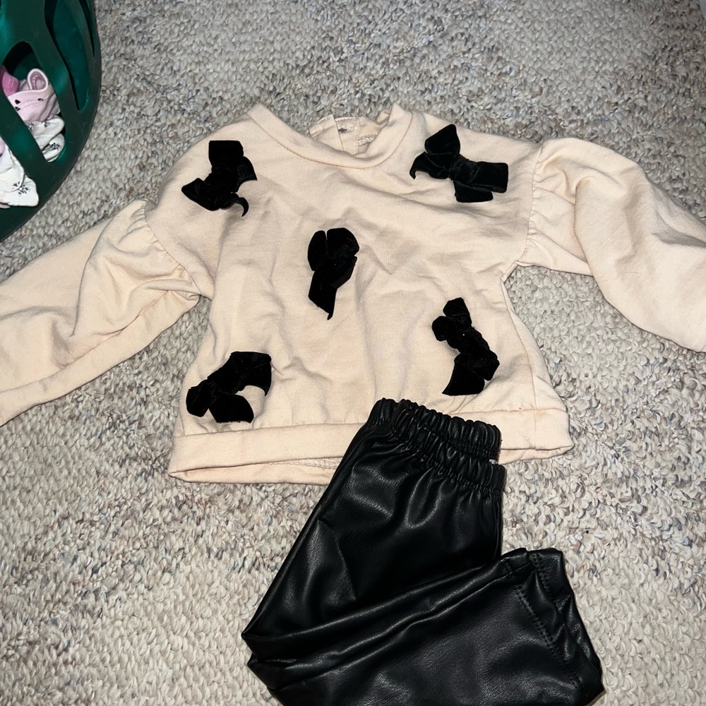 Cream Top with Black Bows and Black Pants Set